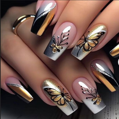 Golden Monarch Elegance Nail Art