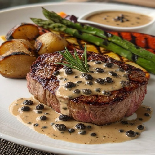Creamy Peppercorn Steak with Grilled Vegetables